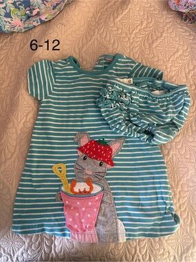 Mini Boden Teal and White Striped Dress with Bunny and Pink Cup
